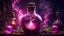 Placeholder: An elixir full of energy in a jeweled potion bottle in a dark wizards room. realistic heart in a jar. glowing. high resolution. pink potion. flowy smoke. love potion. sparks around the potion. mysterious. roots and vines and herbs in potion