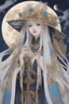 Placeholder: Moon queen long white hair, black robes, blue eyes