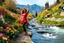 Placeholder: country side over high heels in spring wind slowly moves color full flowers,clean water fall and narrow river with waves and pretty rocks in floor ,some trees and houses ,and mountains at distant,a very beautiful Turkish lady wearing tight pants and blouse salsa dancing , full body shot