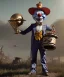 Placeholder: happy mechanoid clown playing jazz with a steampunk theme, realistic