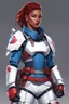 Placeholder: This illustration depicts a futuristic female warrior dressed in lightweight combat gear that blends technological aesthetics with fashion elements. The character wears a white jacket adorned with red armor plates, emphasizing protection and agility. A cropped blue tactical vest and denim shorts convey dynamism and strength. The gear includes knee pads, a tactical belt, and multifunctional gloves, highlighting combat readiness. The headgear features goggles and a communication device, enhancing