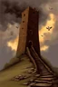 Placeholder: broken stairs leading up a steep hill to an old crumbling tower. Storm clouds. Eagles flying around the tower. By artist "Bluefooted",by artist "Peter Hurd"