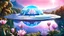 Placeholder: astronave di forma circolare argentata che vola sopra lago azzurro con cristallo blu trasparente nel centro, prati fioriti, cascate, alberi tropicali, fiori di loto, spirali di luce, zampilli di luce, dettagli intricati, dettagli decorativi, fate con ali cangianti che volano sul lago, delfini rosa che saltano