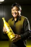 Placeholder: helicopters dropping dollar bills Robert Kiyosaki standingnext to giant golden milk bottle that say milk on STYLE OF HIROKU OGAI