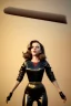 Placeholder: retro portrait image from 1960, New York explosion, long hair, young Scarlett Johansson, classic black tight lycra suit, weapon metal sticks, gold bracelet and belt, high heel boots, soft color, highly detailed, unreal engine 5, ray tracing, RTX, lumen lighting, ultra detail, volumetric lighting, 3d, finely drawn, high definition, high resolution.