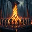 Placeholder: close up one large bonfire with its flames rising high in a clearing, around the bonfire many anthropomorphic wolf humanoids crying, dancing, singing and just watching the flames. rain, cold deep colors, around them in the background dark trees with huge trunks, rainy day, high contrast, high detail, atmospheric, dark fantasy, sci-fi atmosphere, cinematic