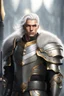 Placeholder: Male Tan Human, White Hair, Handsome Face, King Crown, Dark Heavy Armour, Black colour theme, Dark Background