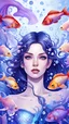 Placeholder: beautiful mermaid ,full figure, fish tail,watercolor, beautiful face, beautiful eyes, purple eyes, black hair,surrounded by cute fishes, clean design, epic Instagram, artstation, splash of colorful paint, contour, hyperdetailed intricately detailed, unreal engine, fantastical, intricate detail, splash screen, complementary colors, fantasy concept art, 8k resolution, pale skin, twilight, extreme quality, extremely detailed, ultra-detailed face, ultra hd 8k, the head must be on the freame, stand