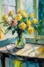 Placeholder: Style of Frank Auerbach Vase of spring flowers on a table in front of a sunlit window in the style of frank Auerbach in light pastel colours