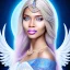 Placeholder: portrait of a beautiful somalian woman with an angel face smiling,long blond hair, blue eyes, pink and blue dress, jewels, soft light aura