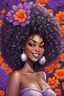 Placeholder: Create an psychedelic cartoon image of a curvy black female wearing a grey off the shoulder blouse and she is looking down with Prominent makeup. she smiles with platinum cap on one tooth . Highly detailed tightly curly black afro. Background of large orange and purple flowers surrounding her