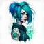 Placeholder: -shirt design, cyberpunk, art girl for style tattoos, blue green hair, with text "addie". Grafity style. White background.