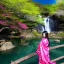 Placeholder: jolie femme asiatique en kimono près d'une cascade d'eau transparente entouré de cerisiers du japon avec aurore boréale rose