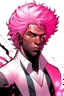 Placeholder: Make an original Black male marvel Character his hair is curly and his color palette is white and dark pink he has the power of portals with the color of pink and he’s walking through one in the Marvel comic art style