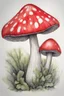 Placeholder: inktense outline detailed pencil sketch of a red mushroom