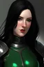 Placeholder: female knight with black hair and green eyes in black armor