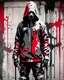 Placeholder: Banksy style. Grafiti. Full body. Vibrant and dynamic masterpiece of a hooded and gas masked killer Cyborg, his eyes are intense. Red, white and black colors, (((full body)))