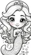 Placeholder: black and white, ((white background,)) coloring drawing page, cartoon, style pixar, line art, All body, beautiful cute princess mermaid of the sea, , with cute hair and eyes, sparkles,