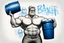 Placeholder: a very swedish strongman, big muscles and short light hair, pair of glasses, holding one big blue barrel above his head, a drawing with sketch lead pencil, The word BAXER floating