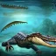 Placeholder: beautiful, stunning paleoart of alligator with fins and fishtail deep underwater, coral reefs, plants, in the style of eleanor kish, davide bonadonna, julius csotony, fabio pastor, wide field of view, Jurassic Park photorealistic, illustrative, digital art, 8k resolution, detailed matte, painting, artwork, deviantart