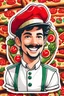 Placeholder: A vibrant and stylized sticker of a young, happy Italian man in a traditional kitchen uniform, complete with a red hat. He is adorned with a playful smile, a black mustache, and a pair of stylish sideburns. The man is known as the Pizza Man, and he is confidently presenting a large, mouth-watering pizza to the viewer. The pizza is fresh out of the oven, with a perfectly crispy crust and an array of colorful toppings that pop against the sticker's white background. The pizza man's image is outlin