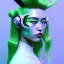 Placeholder: Cyber teenager, color makeup, green hair, rounded face, geisha style hair, white skin, pattern dress, velvet, vibrant color, cyberpunk style, highly detailed, art stations, concept art, smooth, unreal engine 5, god rays, ray tracing, RTX, lumen lighting, ultra detail, volumetric lighting, 3d, finely drawn, high definition, high resolution, gradient background