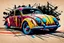 Placeholder: create an abstract, vibrantly colored woodcut of battered and beaten Volkwagen beetle rat rod with highly detailed and deeply cut features, lost in a horrific post apocalyptic world, in the style of KATHE KOLLWITZ , searing lines and forceful strokes