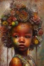 Placeholder: an abstract painting of rusted metal and flowers, african baby portrait, rust, scaffolding, iron cladding, decay, mixed media, textured, anatomically correct, beautiful perfect face, sharp focus, highly detailed