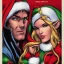 Placeholder: two elves. woman and man. Christmas scene. poster. marvel comic. low-key