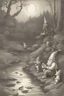 Placeholder: a gnome and a goblin eating in front of a fish fire with figure with fox mask behind, riverbank, night, moonlight,
