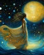 Placeholder: No corners drawing lines dots Kandinsky A full-body pretty African Asian moon goddess draped in flowing celestial fabric walks on water beneath a glowing full moon. Her gown unfurls like clouds, catching starlight and golden dust in the night air. The scene is surreal and divine, with painterly textures and a balance of shadow and illumination vertical Award winning imagery trompe l'oeil 3D surrealism masterpiece of Odilon Redon's dreamlike surrealism. kintsugi painting of abstract squares creat
