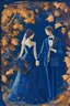 Placeholder: Fall wedding art of groom and bride holding hands. Fall colours background. Bride's dress is dark blue with spaghetti straps, and groom is wearing blue suit. Bride has a violin in her hand, and groom has a wrench in his hand.