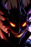 Placeholder: a close up of a demonic creature with glowing eyes, face of an armored villian, discord pfp, venomfang, discord profile picture, evil smile, detailed smiled face, large black smile, smooth anime cg art, wide evil grin, evil smile and glowing eyes, dark phantasy, evil knight, overlord season 4, sharp black armor, carnage fangs