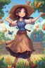 Placeholder: A girl with long dark brown hair, with a straw hat on her head, blue eyes, dressed in farm clothes dancing with butterflies, stardew, valley style