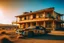 Placeholder: abandoned hotel, near road, desert places, warm colors, huge broken luminous on the roof -a huge damage abandoned car in front hotel
