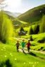 Placeholder: Spring in skåbu, sun, children walking in mountains