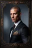 Placeholder: portrait of a 35 year old Handsome muscular male with light bronze skin adorned with tattoos. buzz cut hair. wearing an expensive suit. photorealistic