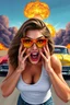 Placeholder: an young woman leaning forward(cropped tightly from between nose and stomach, white top with wide neck opening, cleavage, hands at face with surprised expression, home alone scream, wavy hair, large cheep colorful sunglasses, gloss lips), nuclear explosion and classic Cars in background, greaser, digital painted illustration