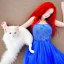 Placeholder: beautiful sourcer, girl, portrait, dressed in a transparent intricate blue dress, leaves in the hair, red hair, faily tail, resting with a white cute cat, high definition, dramatic scenery