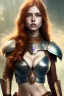 Placeholder: hyper realist, hyper detailed, stunningly beautiful teen woman, long ginger hair, medium freckles, skimpy fantasy intricate leather armour, full body and head, c-cup breasts, serious expression, centred camera, full frame, petite