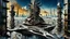 Placeholder: a stunningly weird image of a futuristic metropolis using Salvador Dali's paranoiac-critical method, where buildings and structures appear to melt into the skyline cityscape is filled with floating mad, twisted sharp metal shapes that interact with the buildings and each other, forming a surreal tableau of a dreamlike reality. neu-steampunk vibe, essence of the scene in a cinematic manner, with dramatic shadows that enhance the distorted perspectives and bizarre