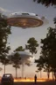 Placeholder: school kids see a saucer shaped ufo flying over tall pine trees, near a high voltage powerline with (three lights underneath) and lots of lights all around the edge, the year is 1966 in color, concept art, by Asaf Hanuka, by Weta Digital, Electric Colors, Screen Space Global Illumination, in a symbolic and meaningful style