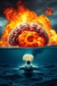 Placeholder: an explosions in side the human brain and huge fire behind a nuclear submarine under the water ocean water in all the picture and the on the background