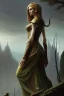 Placeholder: painting of a tall elven young woman with short light brune hair and freckles on the cheak bones and tall body of a topmodel light clothes, long shot, ultra realistic, concept art, intricate details, eerie, highly detailed, photorealistic, octane render, 8 k, unreal engine. art by artgerm and greg rutkowski and charlie bowater and magali villeneuve and alphonse mucha