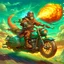 Placeholder: Kebab Man mounted his holy motorcycle, the engine roaring to life with divine power. With a final glance at the celestial realms, he sped down to Earth from heaven, ready to begin his quest.