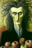 Placeholder: composition hair fully in focus full shot, Leonora Carrington fine detailed oil painting portrait of a man with apples