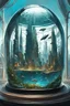 Placeholder: A painting of a futuristic city in a glass dome under the ocean, with kelp, detailed, high quality, matte painting, bold lines, brushstrokes