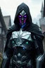 Placeholder: Cyborg that looks like a suit of gothic style medieval armor, silver in color, wearing a long black hooded robe. Make the hood up with the robe billowing in the wind, set in a fantasy village setting. make clear gaps between the armor with veins of magical energy visible in the eyes and throughout the body. make the veins shift through the color spectrum