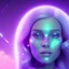 Placeholder: A portrait of a transparent crystalline girl,smiling, longs blond hairs, green eyes, galactic dress, atmospheric, realistic, cinematic lighting, octane render, purple and blue sky, nebula, stars, planets in background, spaceship in background