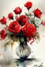 Placeholder: A watercolour and ink drawing of A vase of red roses in the style of artist John Lovett